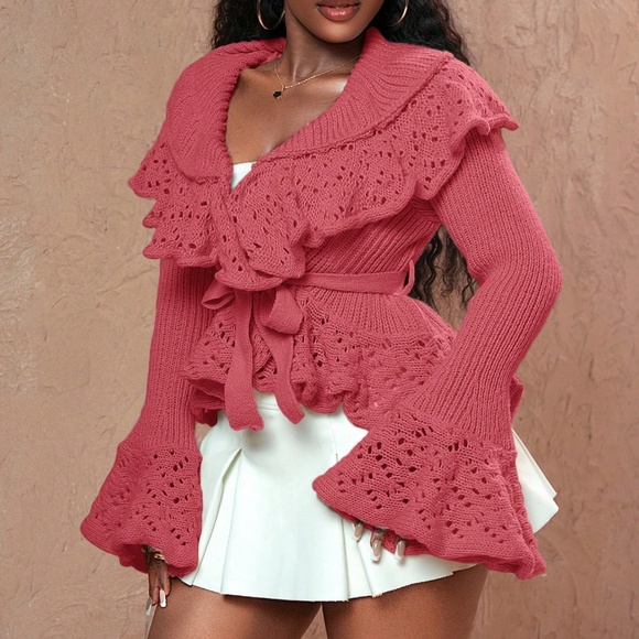 Classic Ruffle Detail Bell Sleeve Belted Knit Cardigan Sweater - Picture 7 of 7